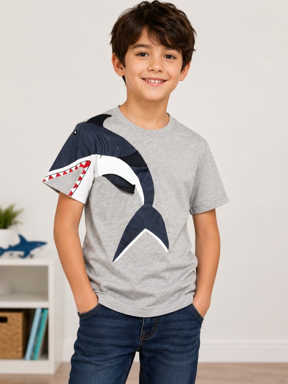 27Kids Shark T-Shirt Boys US Size 7/8‎ Gray Short Sleeve Shark Graphic Tee NWT